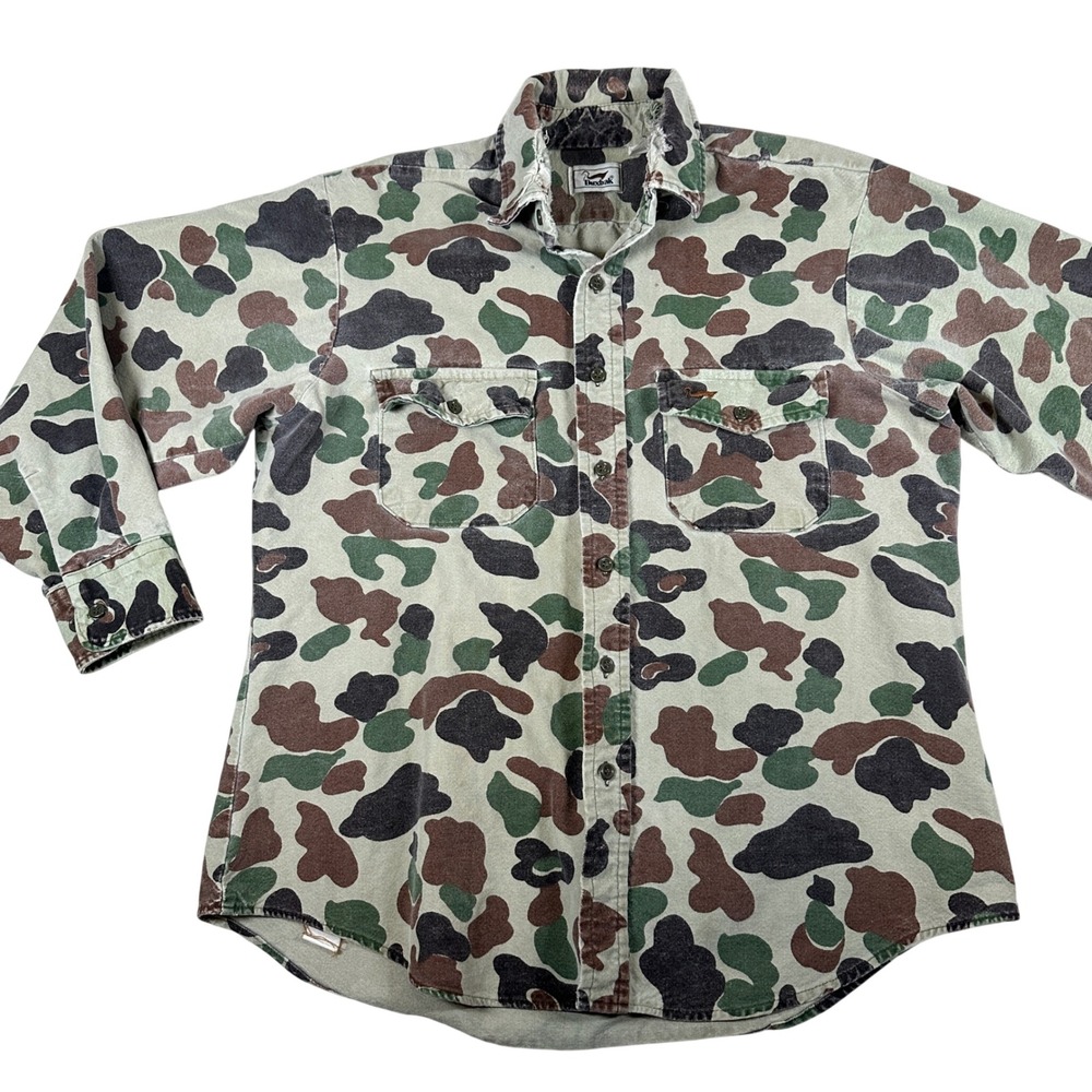 Vintage Duxbak Duck Hunter Camo Flannel Shirt‎ Distressed Hunting Green Brown L